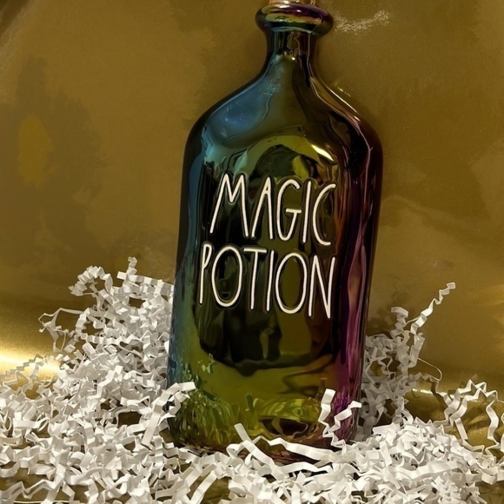 Rae Dunn‎ Magic Potion 2022 Halloween iridescent purple &
Green  glass bottle